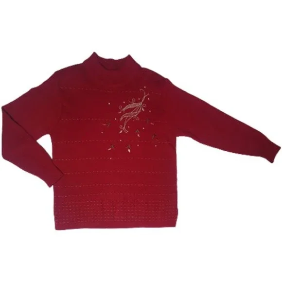 Size 10-12 Vintage Wool Blend Dark Red & Gold Embroidered Jumper - Picture 1 of 9